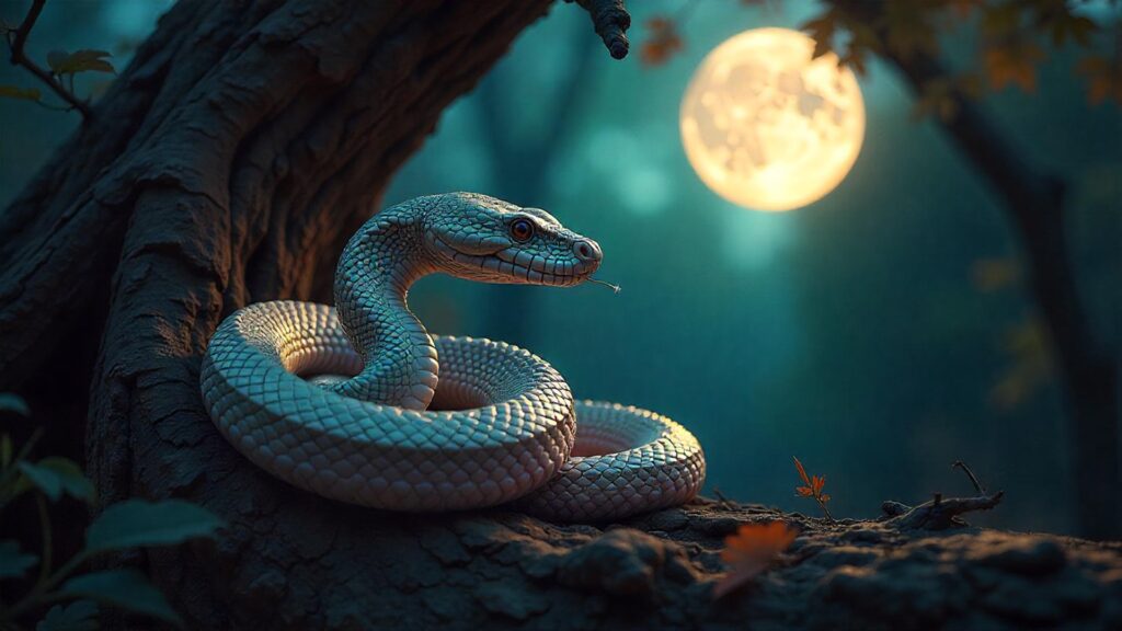 Serpiente dorada enroscada en árbol bajo luna llena en bosque místico, simbolismo espiritual