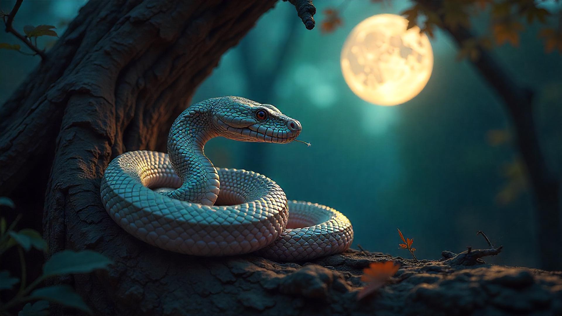 Serpiente dorada enroscada en árbol bajo luna llena en bosque místico, simbolismo espiritual