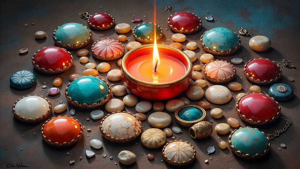 Variedad de amuletos sobre mesa iluminados por luz cálida, simbolizando activación y protección