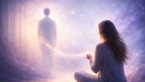 Persona liberando un vínculo emocional representado por un hilo de luz que se desvanece.