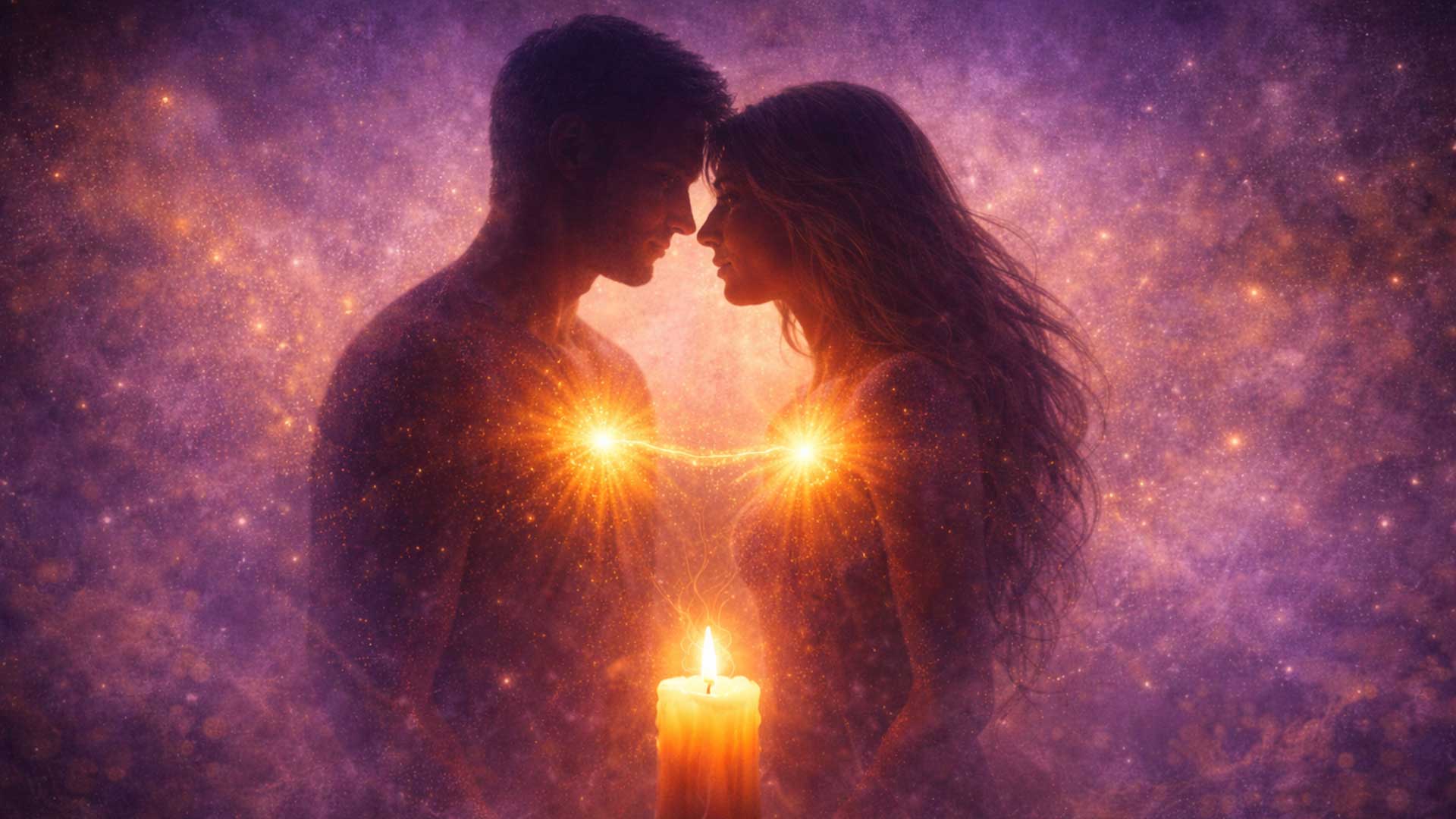 Ilustración de dos personas conectadas por un hilo de luz dorada que representa un amor silencioso y la manifestación de sentimientos espirituales.