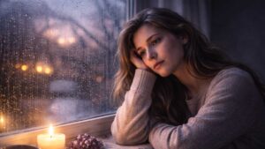 Mujer pensativa mirando por la ventana en una noche lluviosa, simbolizando la tristeza sin motivo aparente y la introspección emocional