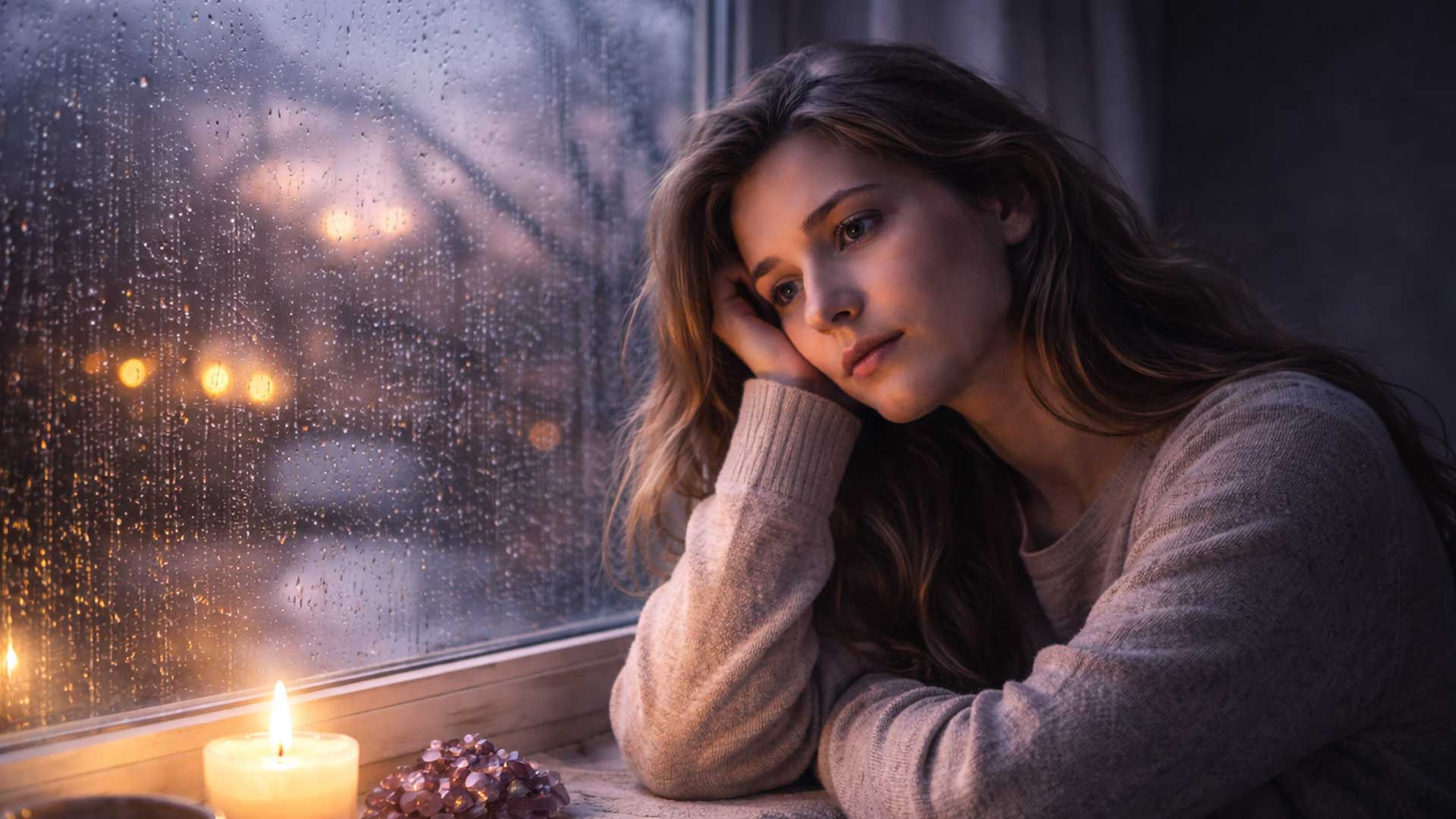 Mujer pensativa mirando por la ventana en una noche lluviosa, simbolizando la tristeza sin motivo aparente y la introspección emocional