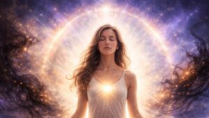 Persona rodeada de luz blanca que simboliza protección frente a energía positiva y negativa.