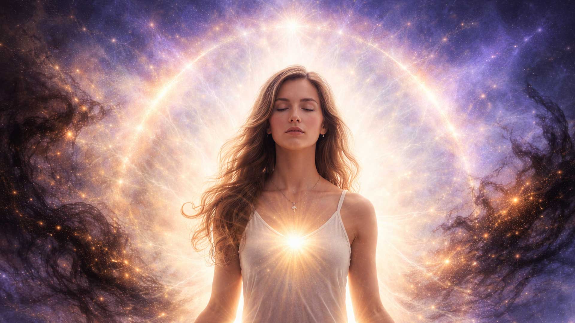 Persona rodeada de luz blanca que simboliza protección frente a energía positiva y negativa.