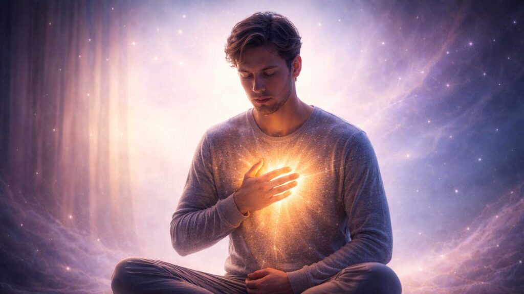 Persona en proceso de sanación espiritual representando el vacío interior y la reconexión emocional.