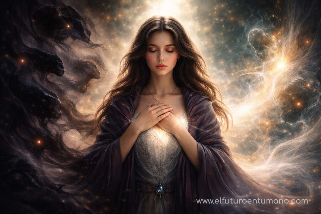 Persona rodeada de energías negativas y positivas representadas visualmente con luz y sombra