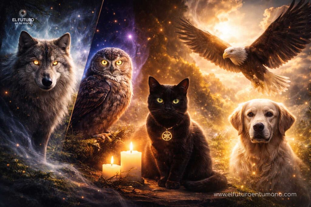 Animales protectores espirituales representados en un entorno místico