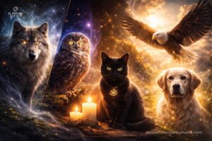 Animales protectores espirituales representados en un entorno místico