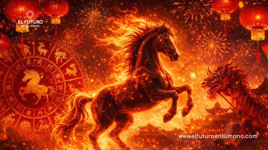 Caballo de Fuego del Año Nuevo Chino 2026 rodeado de farolillos rojos y fuegos artificiales simbolizando energía y transformación.
