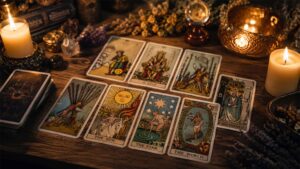 Mesa con cartas del tarot extendidas en una lectura simbólica con iluminación cálida y ambiente espiritual