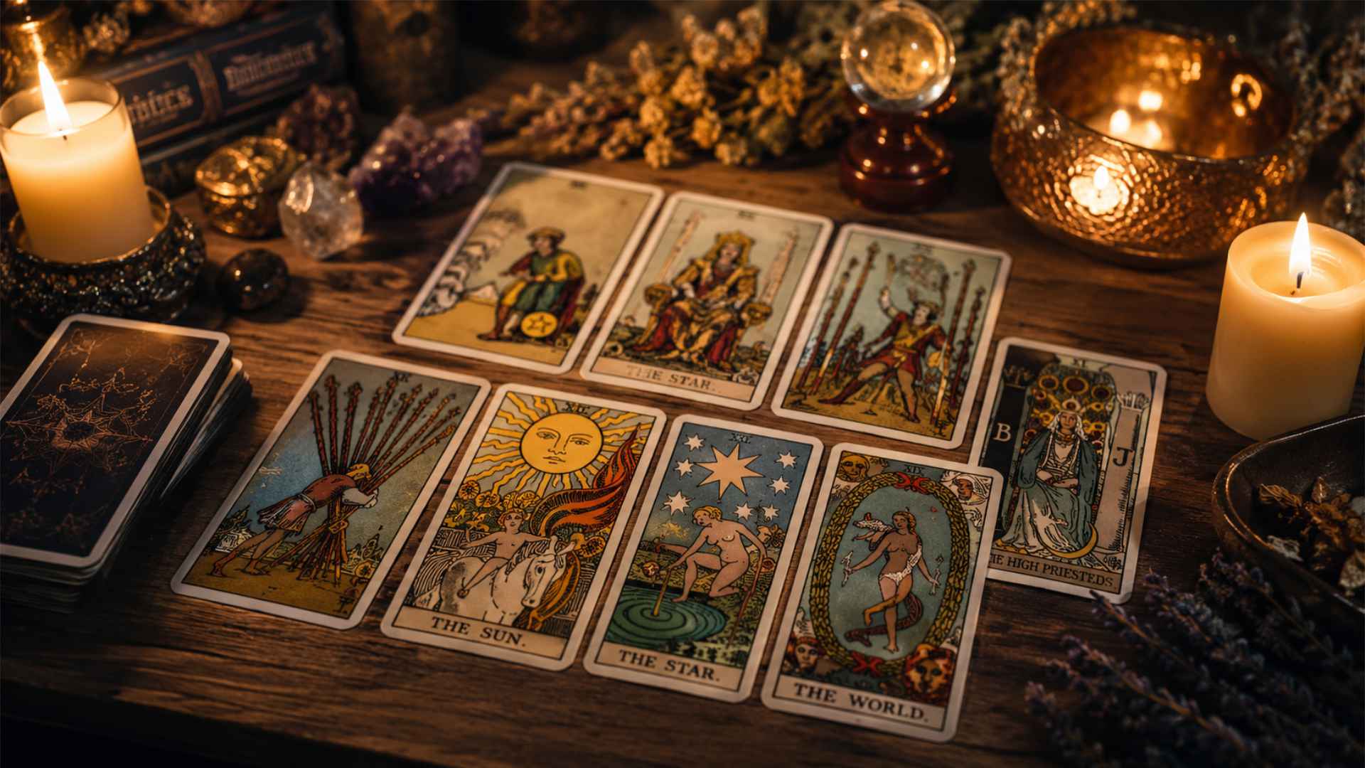 Mesa con cartas del tarot extendidas en una lectura simbólica con iluminación cálida y ambiente espiritual