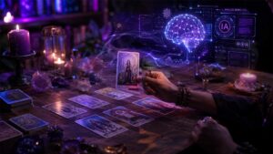 Lectura de cartas de tarot sobre una mesa de madera iluminada en tonos violetas y azules, con elementos digitales de inteligencia artificial flotando en el aire