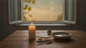 Vela blanca, incienso, agua y sal sobre una mesa durante un ritual espiritual para comenzar septiembre con nuevas energías.