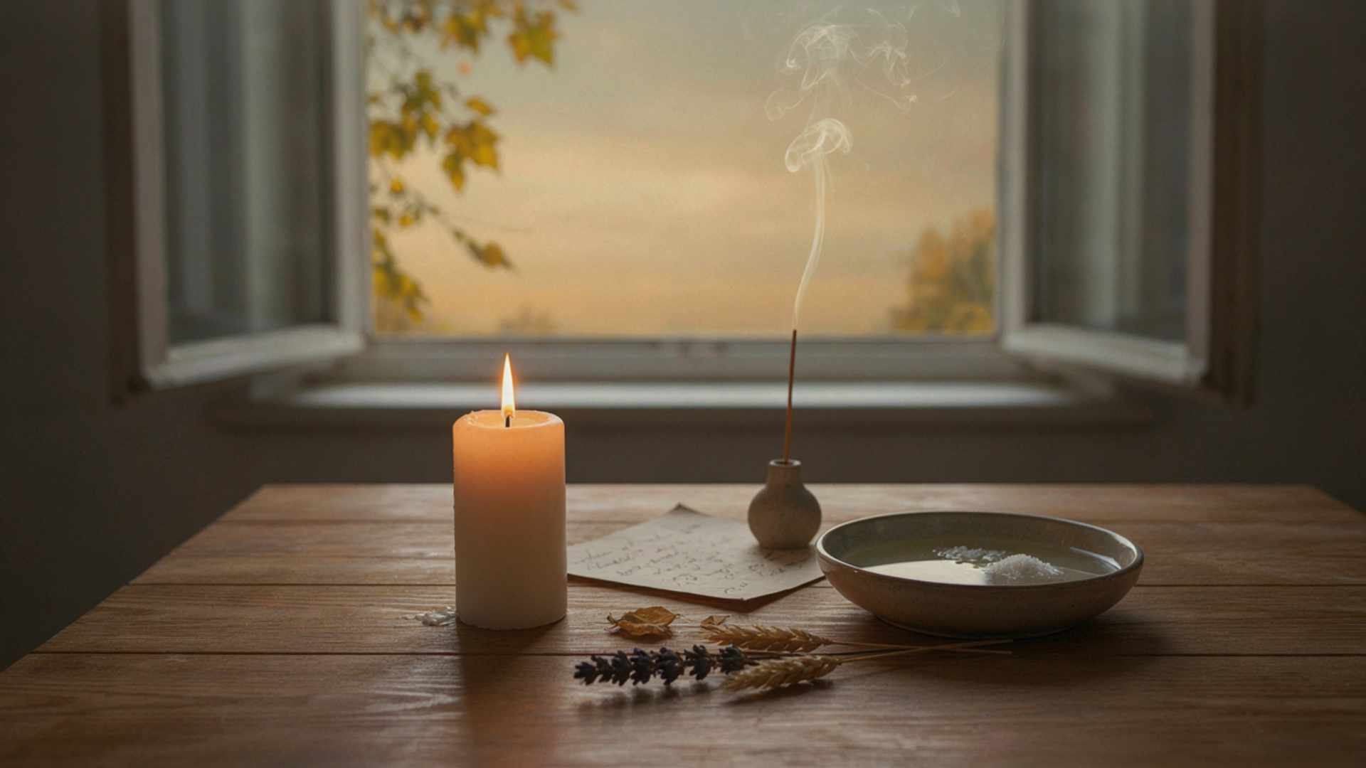 Vela blanca, incienso, agua y sal sobre una mesa durante un ritual espiritual para comenzar septiembre con nuevas energías.