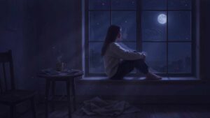 Persona contemplando el cielo nocturno junto a una ventana, simbolizando la intuición y la conexión espiritual con alguien que piensa en ella.