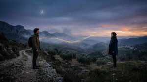 Dos personas conectadas por un vínculo de energía en un paisaje al atardecer, simbolizando una conexión espiritual y la sincronicidad.