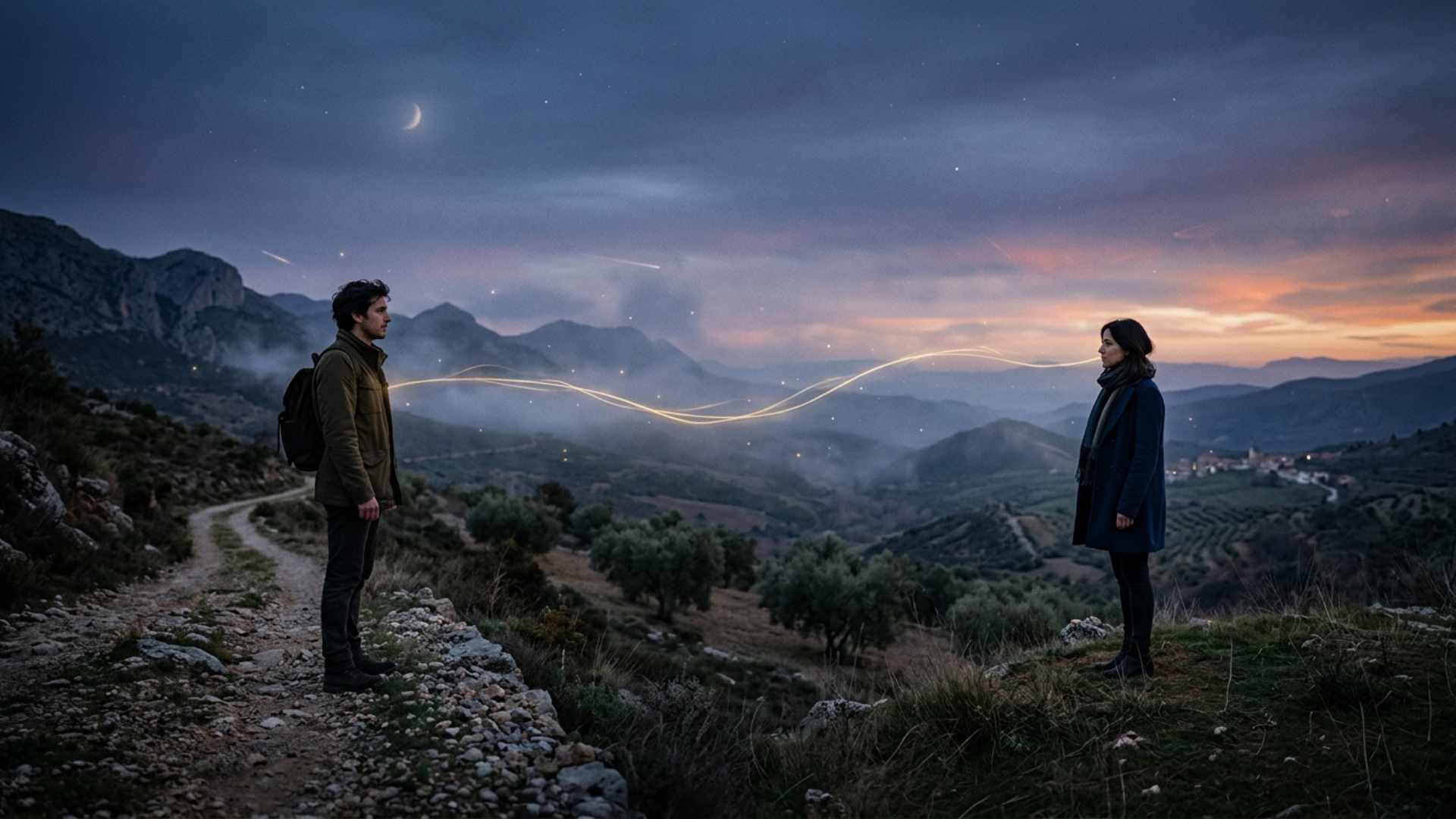 Dos personas conectadas por un vínculo de energía en un paisaje al atardecer, simbolizando una conexión espiritual y la sincronicidad.