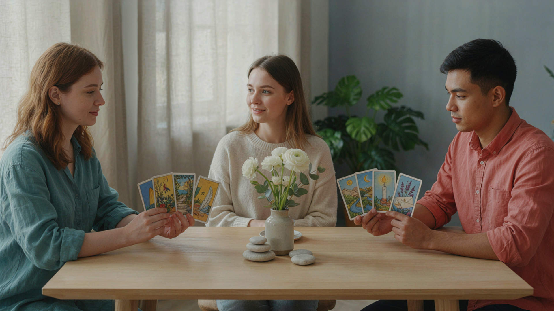 Dos tarotistas muestran diferentes cartas del tarot mientras una persona consulta en el centro.
