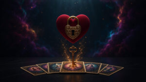 Cartas del tarot junto a un corazón cerrado con un candado dorado