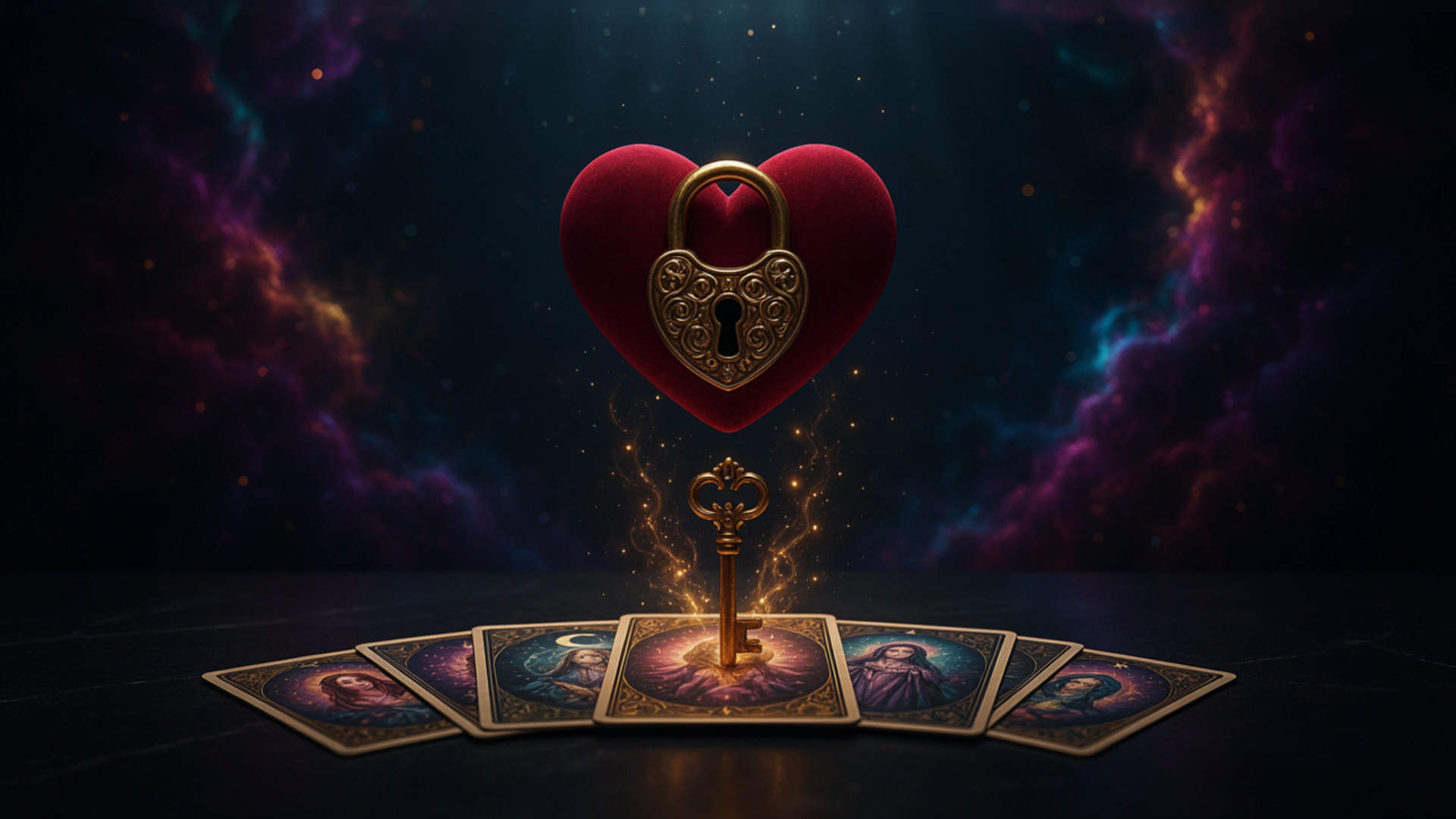 Cartas del tarot junto a un corazón cerrado con un candado dorado