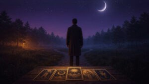 Tarot y decisiones difíciles representadas por una persona ante dos caminos y cartas de tarot