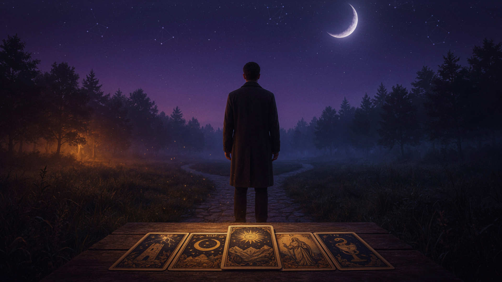 Tarot y decisiones difíciles representadas por una persona ante dos caminos y cartas de tarot