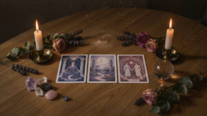 Cartas del tarot iluminadas en un ambiente místico y mágico