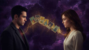Pareja alejándose mientras las cartas del tarot simbolizan los sentimientos que todavía los unen