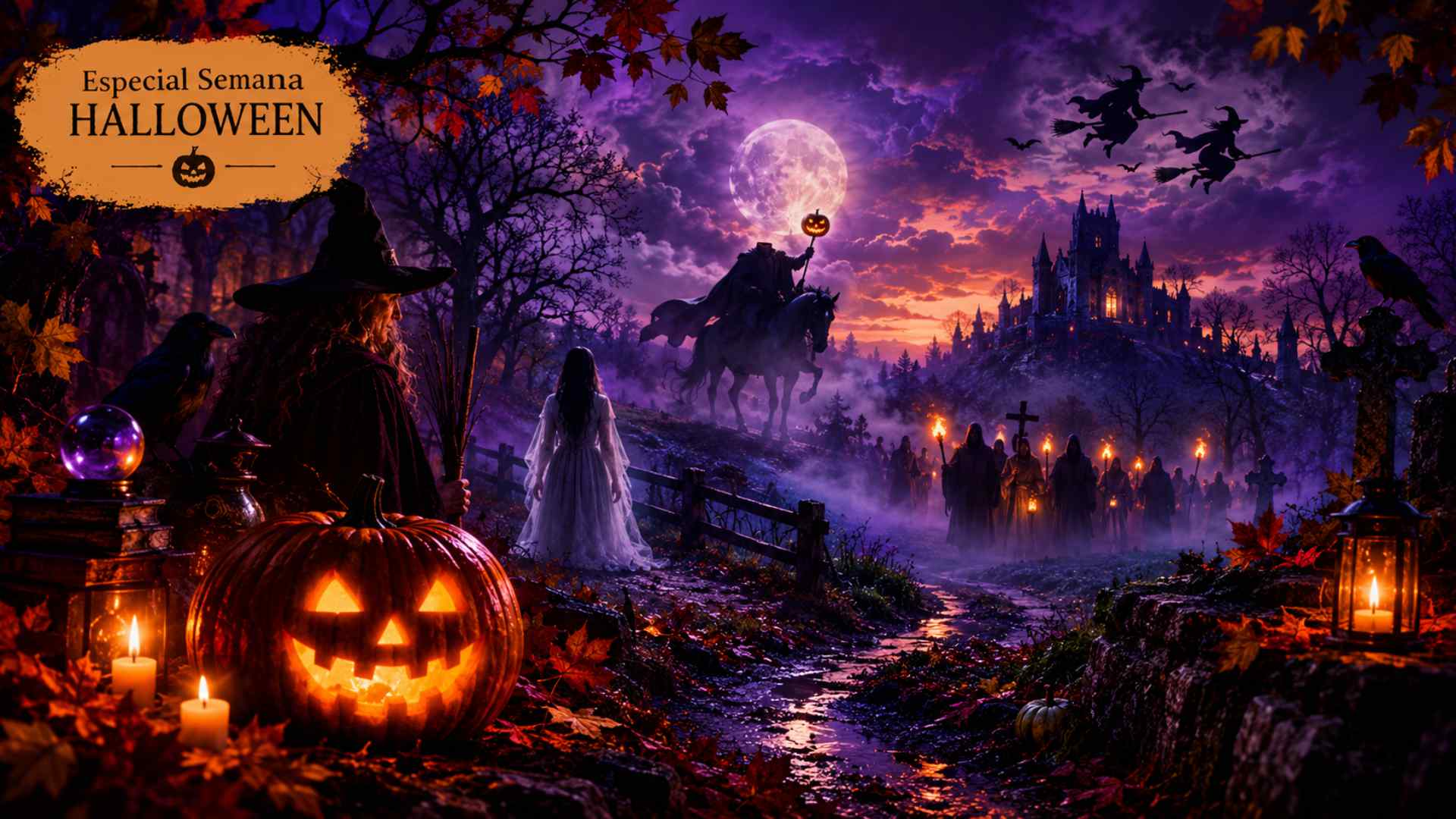 Siete leyendas de Halloween representadas en una escena misteriosa con brujas, fantasmas, un jinete sin cabeza, calabazas y un cementerio bajo la luna llena.