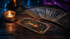 Carta del tarot caída junto a una baraja sobre una mesa iluminada por una vela.