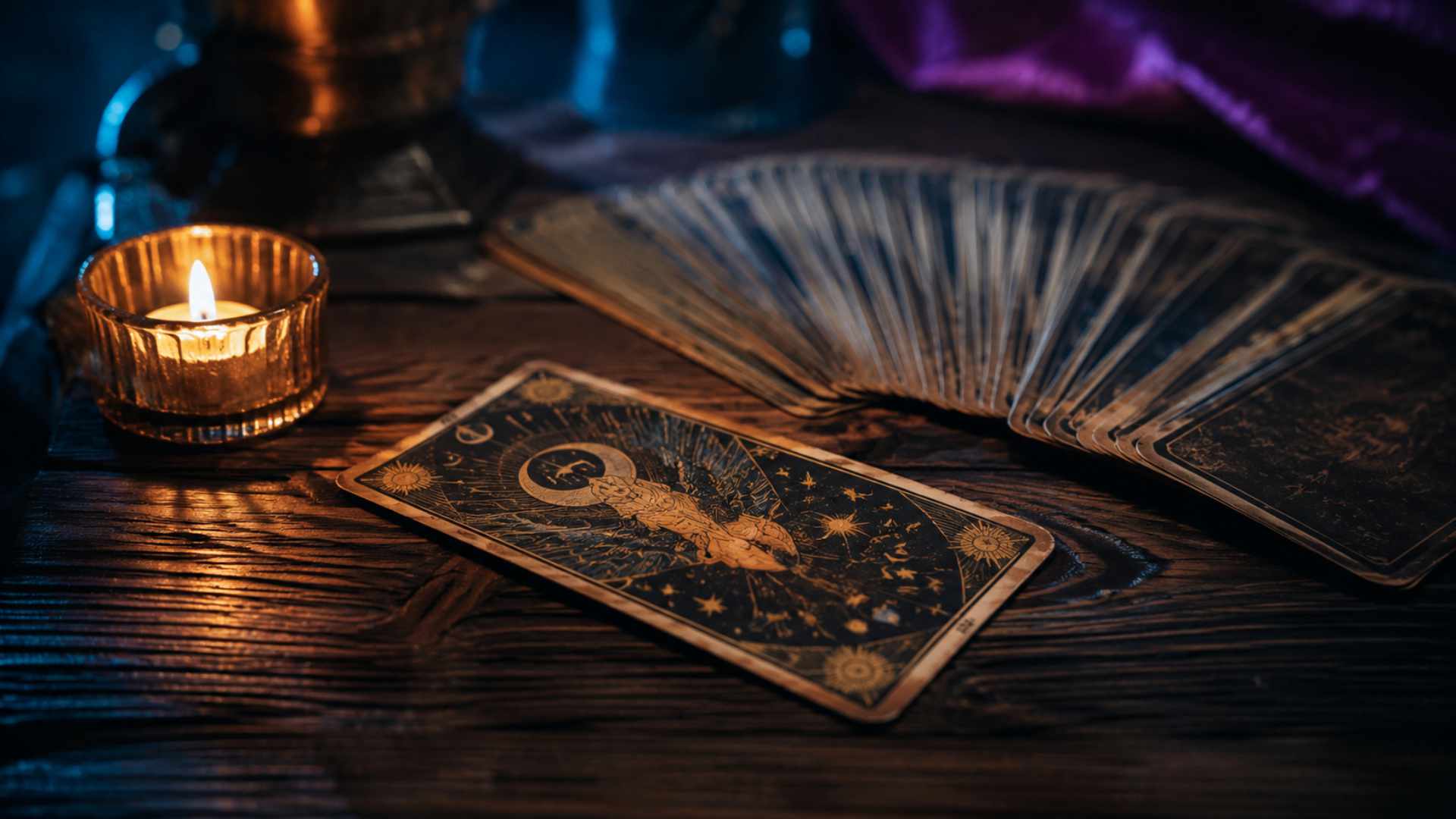 Carta del tarot caída junto a una baraja sobre una mesa iluminada por una vela.