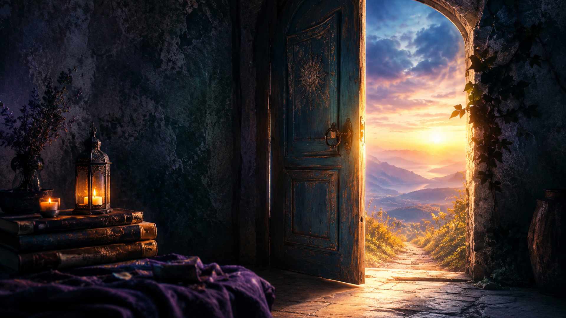 Imagen mística de una puerta abierta hacia un amanecer dorado, símbolo de esperanza y transformación ante los obstáculos de la vida.