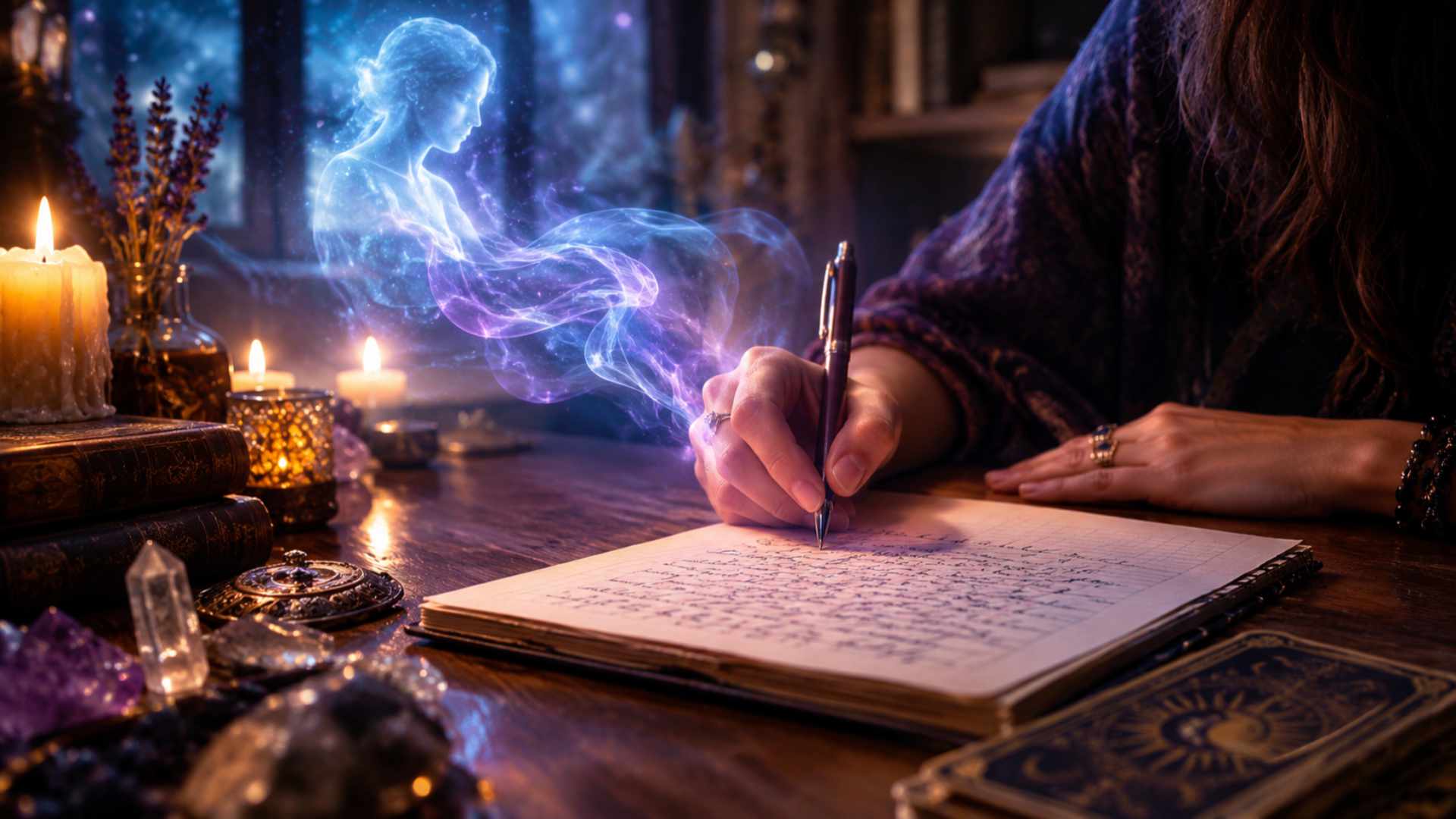 Escritura automática en un cuaderno bajo la luz de las velas, rodeada de cristales y energía mística, con el título sobre los mensajes del subconsciente y la web El Futuro en tu Mano.