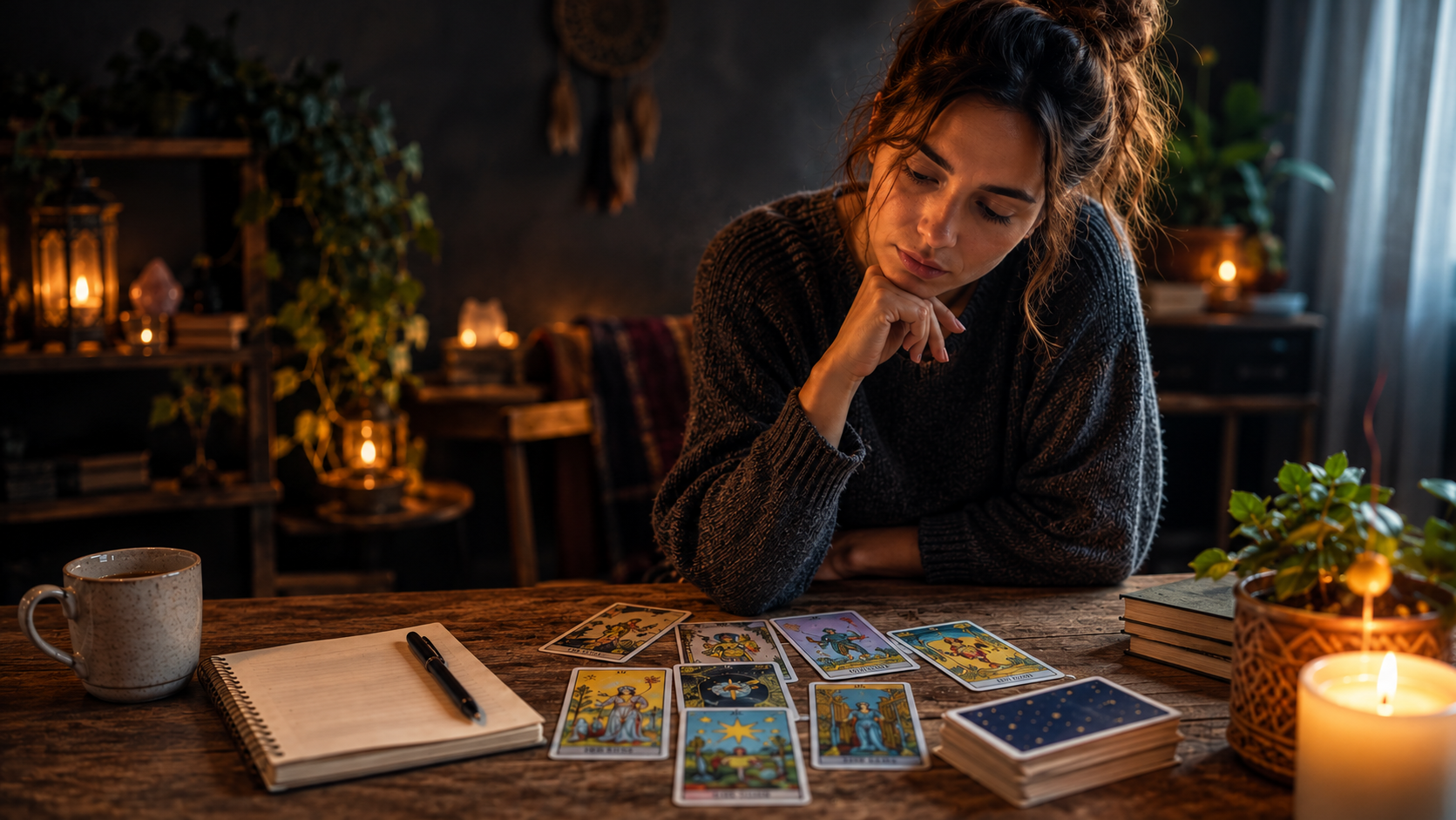 Persona observando unas cartas de tarot sobre una mesa mientras reflexiona sobre su posible utilidad para comprender sus dudas y decisiones.