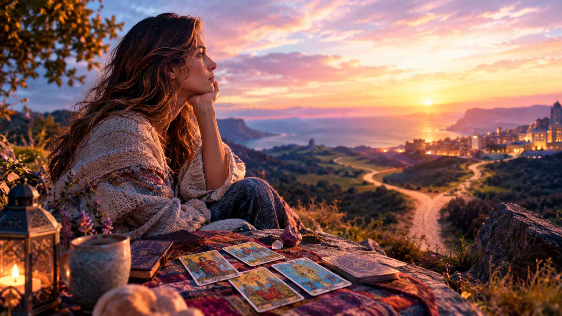 Mujer reflexionando ante varios caminos mientras consulta las cartas del tarot