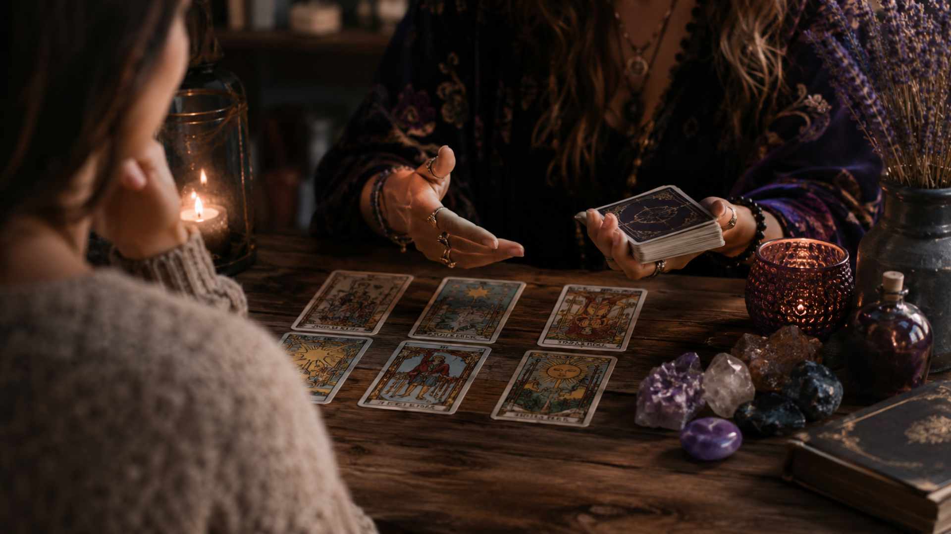 Baraja de tarot antigua iluminada por la luz de una vela, símbolo del misterio y de las lecturas que parecen revelar información desconocida.