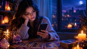 Mujer mirando su teléfono mientras espera un mensaje, acompañada de cartas de tarot y velas en un ambiente místico.