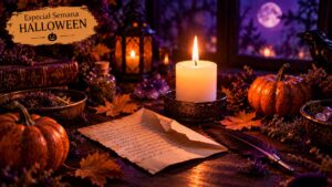 Ritual de Halloween para cerrar ciclos con una vela blanca, una nota escrita y hojas otoñales, en la Semana Especial Halloween.