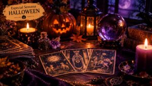 Cartas del tarot sobre una mesa con velas, una calabaza de Halloween y una bola de cristal.