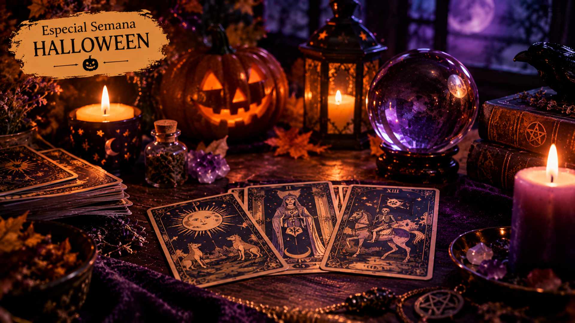 Cartas del tarot sobre una mesa con velas, una calabaza de Halloween y una bola de cristal.