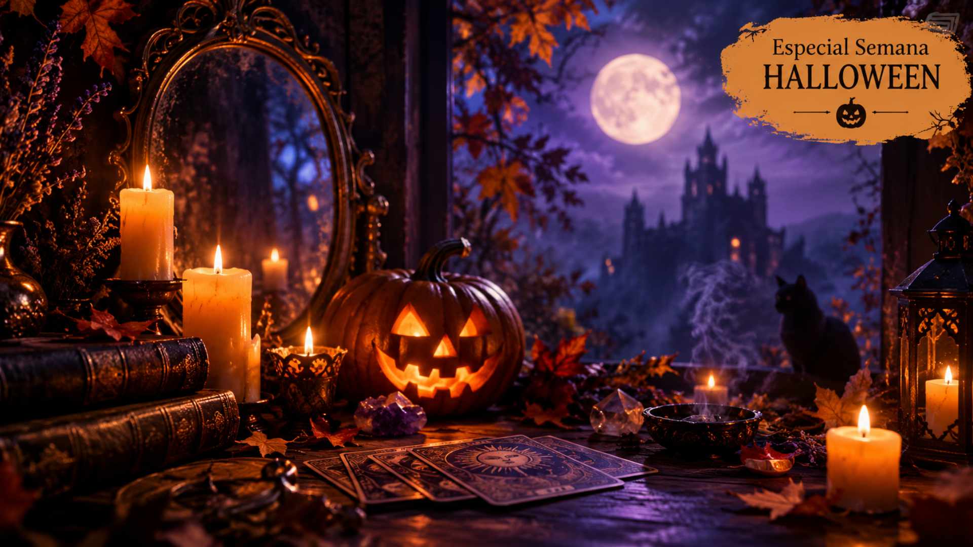 Ambiente misterioso de Halloween con velas, sombras y elementos esotéricos.